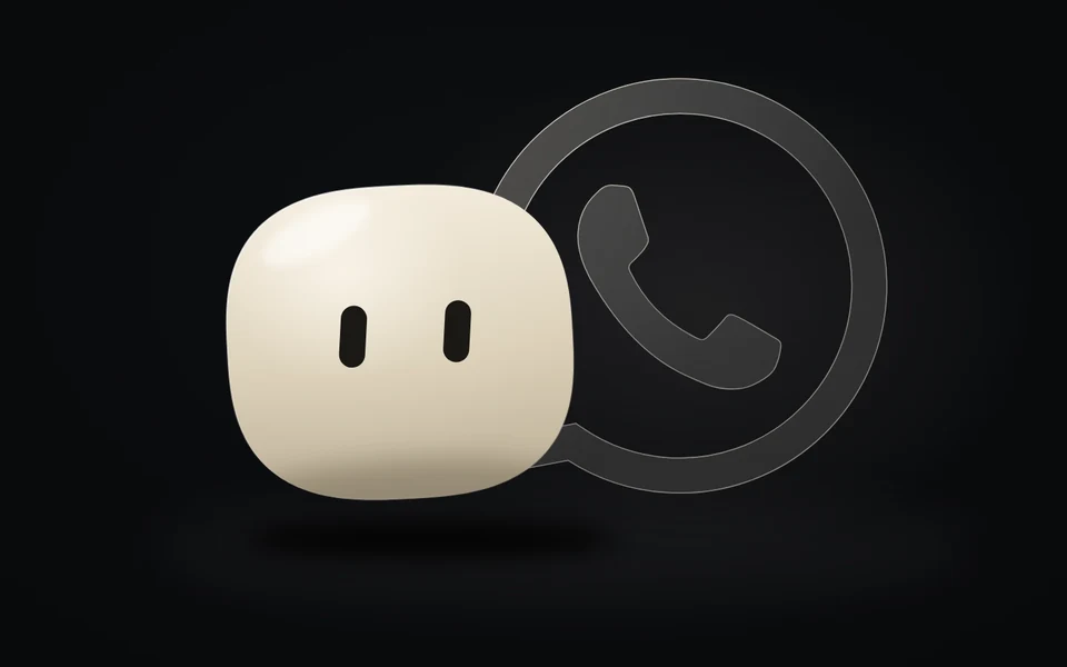 Demo del agente Elio: figura minimalista color marfil con dos ojos simples junto al logo de WhatsApp en cristal, sobre fondo oscuro