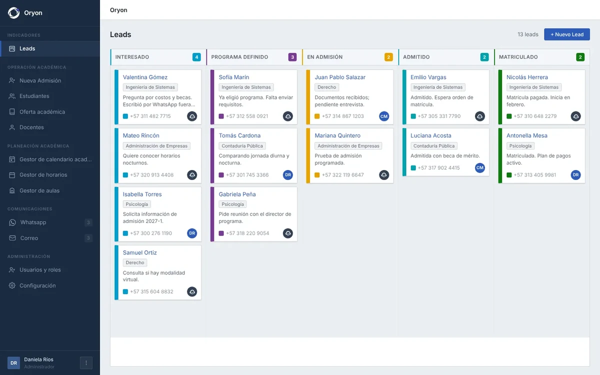 Demo del CRM Oryon: tablero de leads de admisiones de una universidad